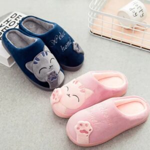 Winter warm slippers women cartoon cat shoes furry plush slides round toe flats indoor home bedroom floor slippers ladies shoes